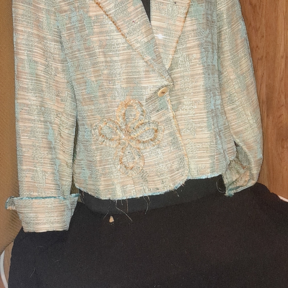 Isbell Ladies Designer Suit Jacket / Neutrals with Turquoise Accent / Boutique L - Picture 2 of 7